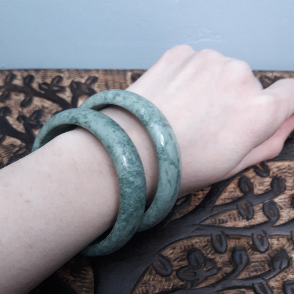Lot of 2, Elegant Green & White, Chinese Jade Bangle Bracelets 2.25" gap